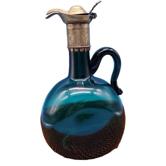 ANTIQUE Claret Carafe blown Teal glass, 9" Etched Silver-plate collar Victorian - Picture 1 of 9